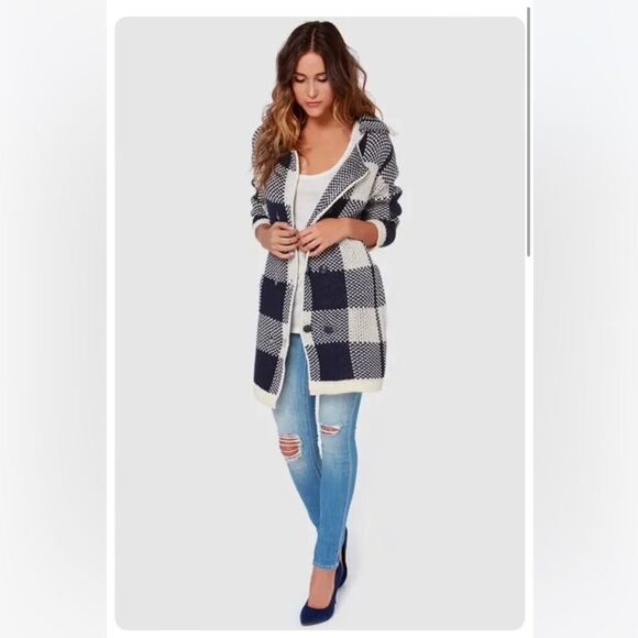 JOA Los Angeles Plaid Wool Blend Cardigan Sweater Ladies Navy Ivory Size Medium - Picture 1 of 12